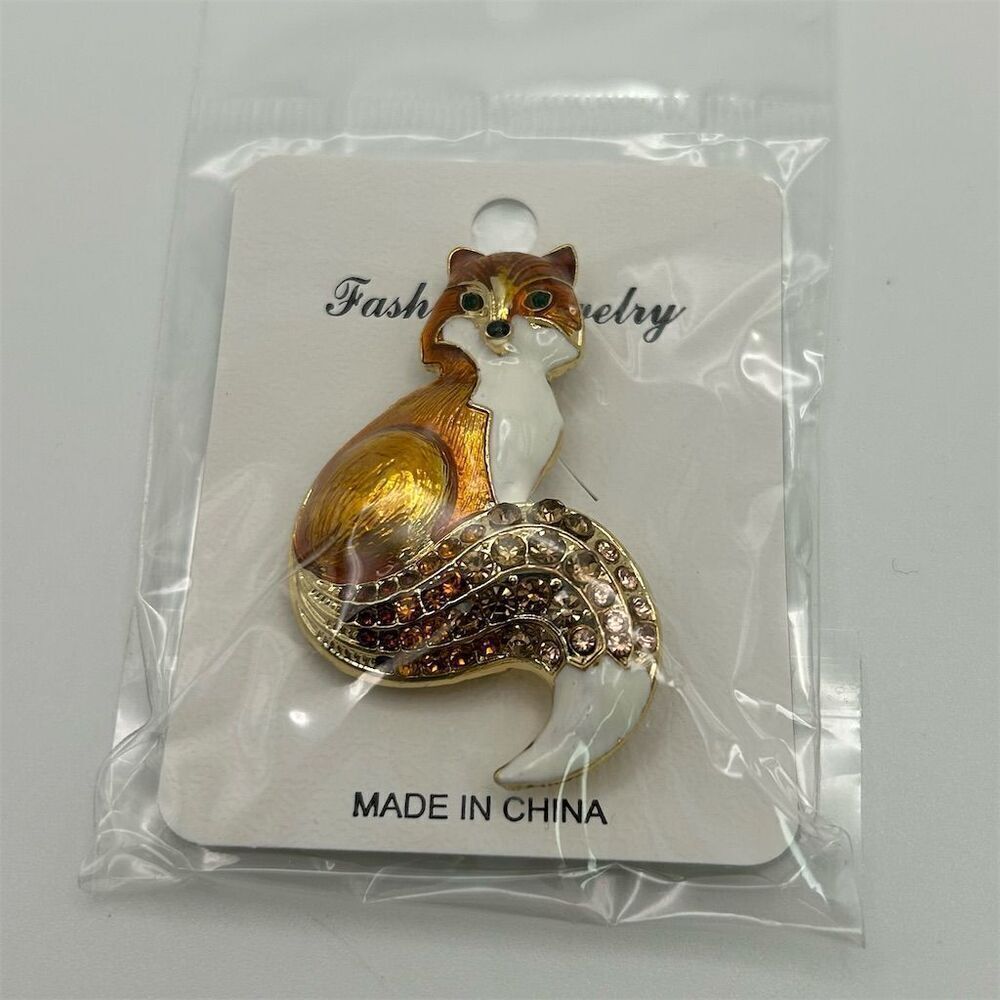 Vibrant Orange Small Enamel Fox Brooch with Rhinestone Accents Sparkle New - Picture 3 of 8